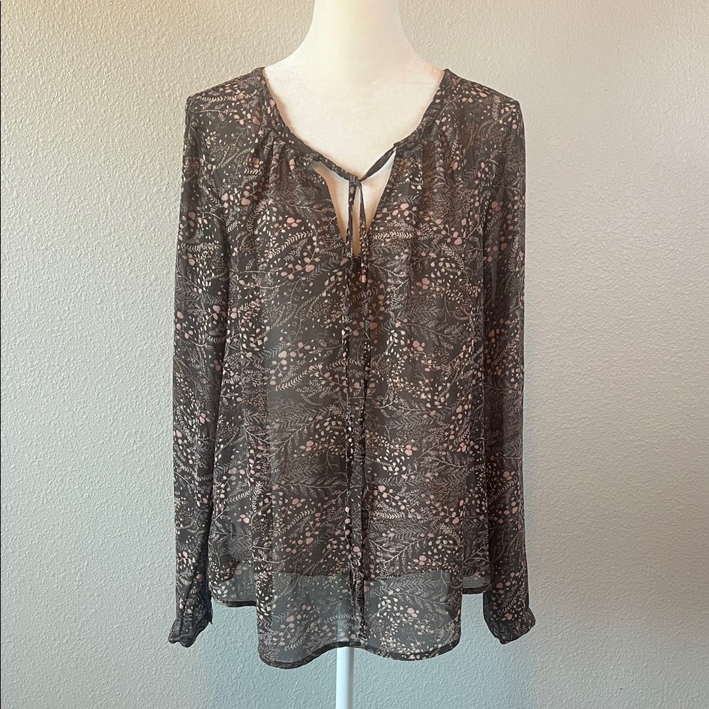 Loft Sheer Floral Peasant Blouse Brown/Pink Size Small